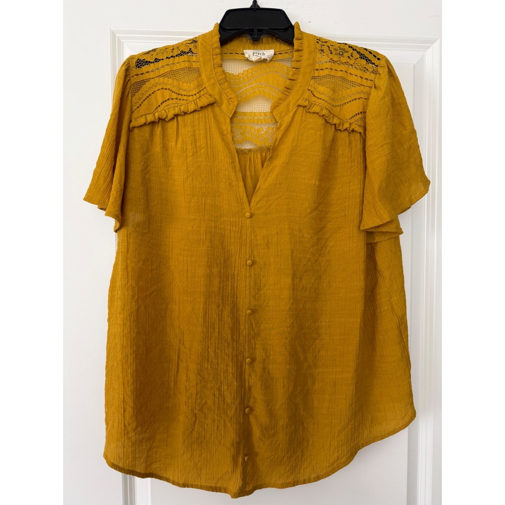 Perch by Blu Pepper Mustard Yellow Lace Ruffle Blouse PEM5113 Womens 2XL